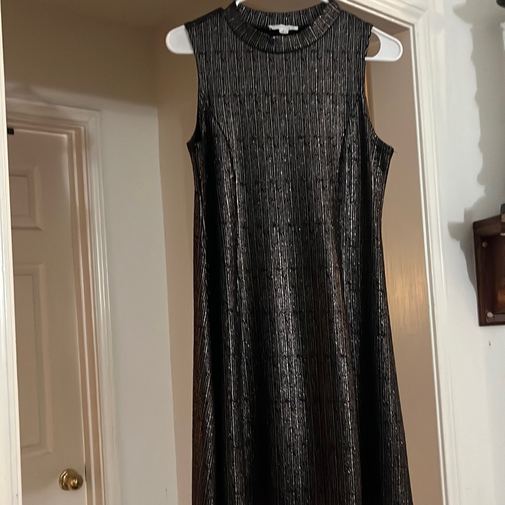 Stella Luce Womens Black Gold Metallic Mock Neck Party Cocktail Swing Dress M